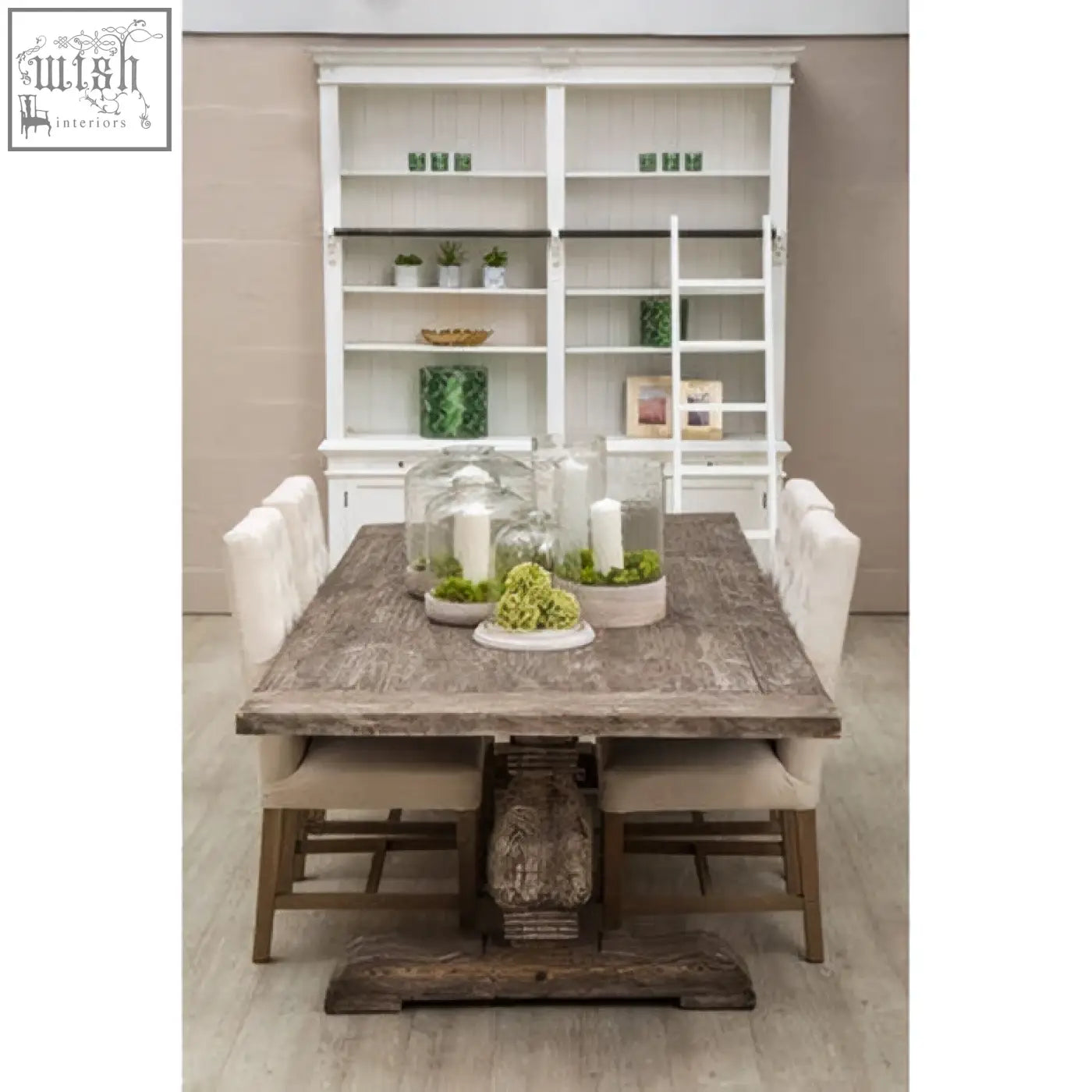Rustic gray stone-top lovina recycled pine wood dining table with distressed wood base and carved center pedestal