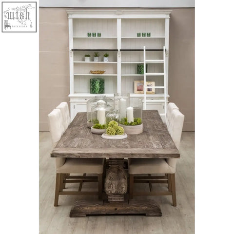 Rustic gray stone-top lovina recycled pine wood dining table with distressed wood base and carved center pedestal