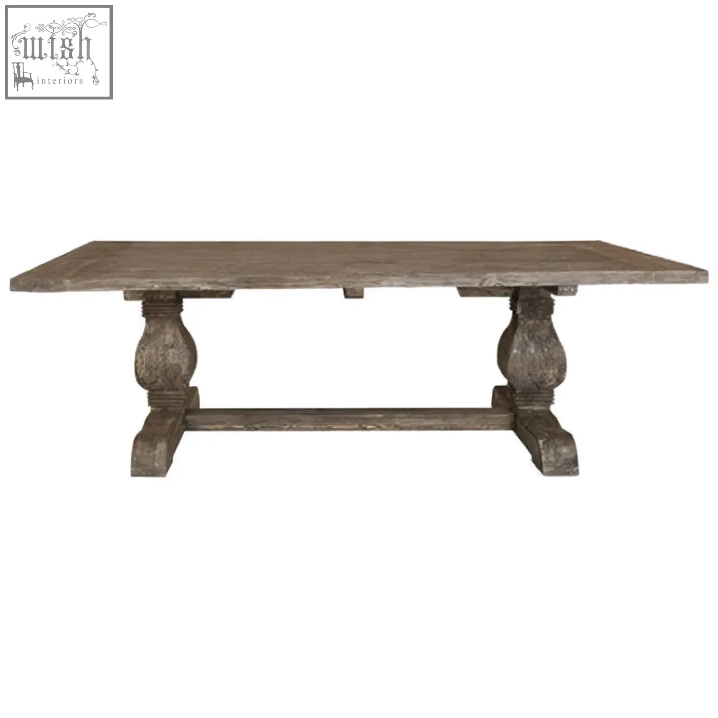 Rustic gray wooden lovina recycled pine dining table with turned legs and central stretcher made from recycled pine wood
