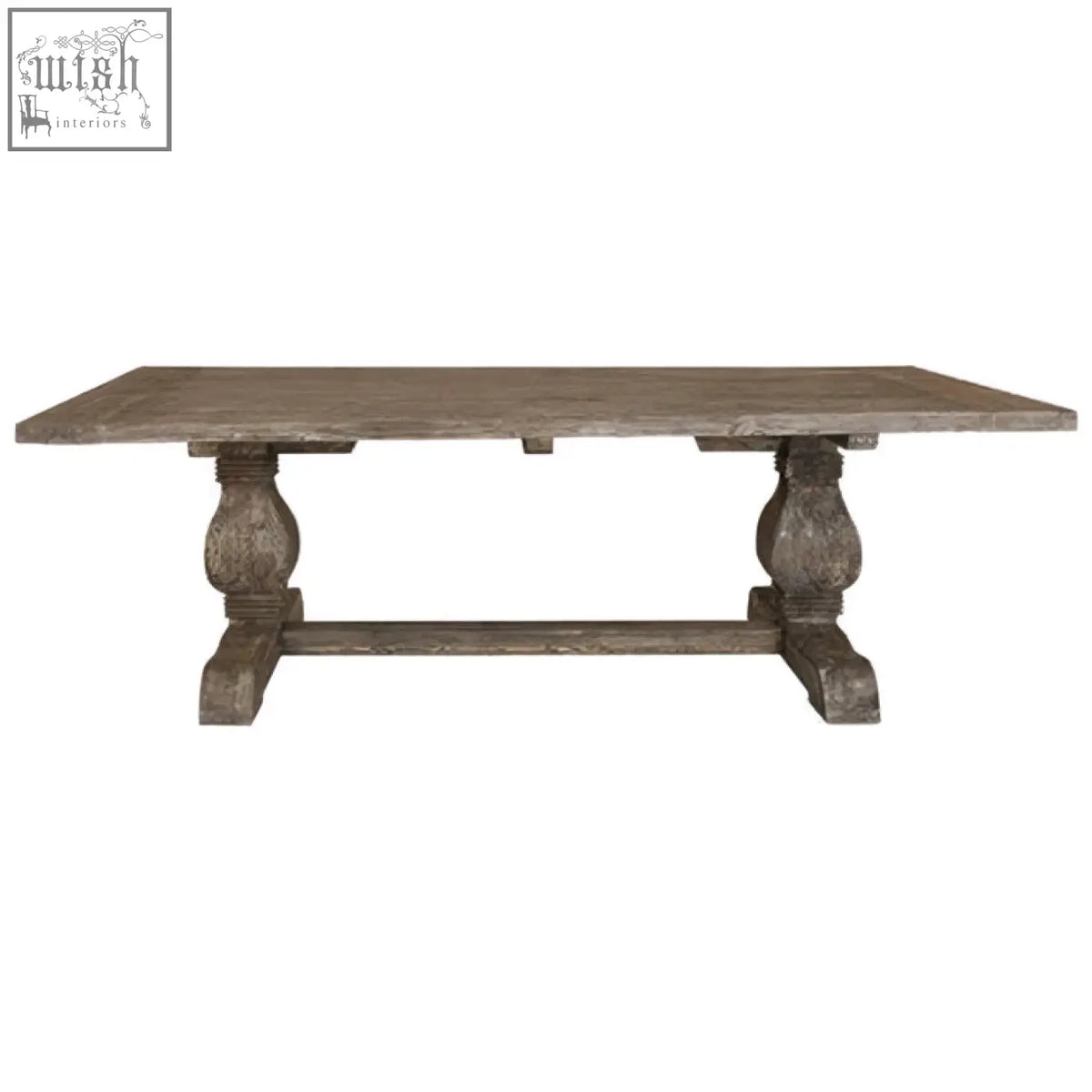 Rustic gray wooden lovina recycled pine dining table with turned legs and central stretcher made from recycled pine wood