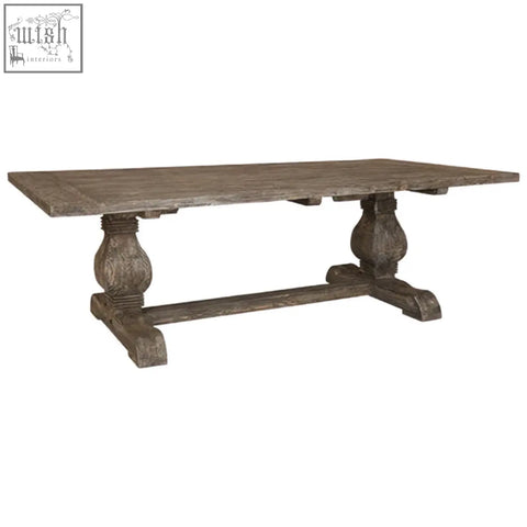 Rustic gray lovina recycled pine wood dining table with turned legs and central stretcher for sturdy use