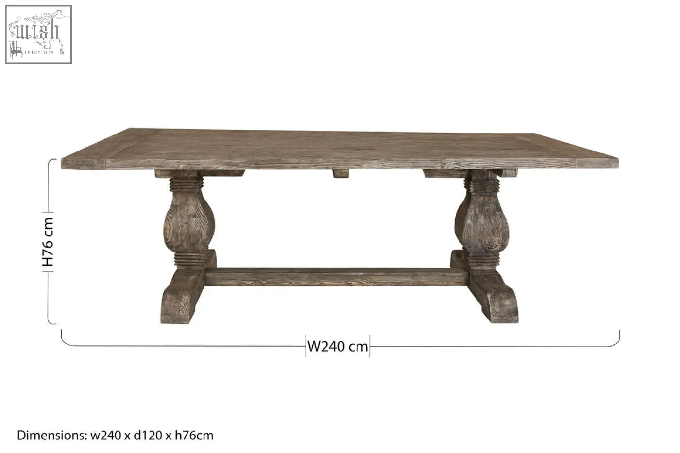 Rustic gray wooden dining table with turned legs and central stretcher made from lovina recycled pine wood