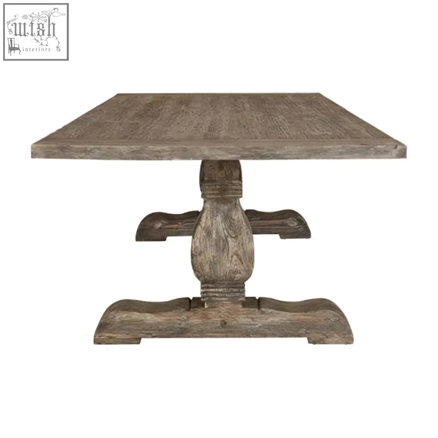 Weathered gray lovina recycled pine wood dining table with rustic distressed finish and ornate carved pedestal base