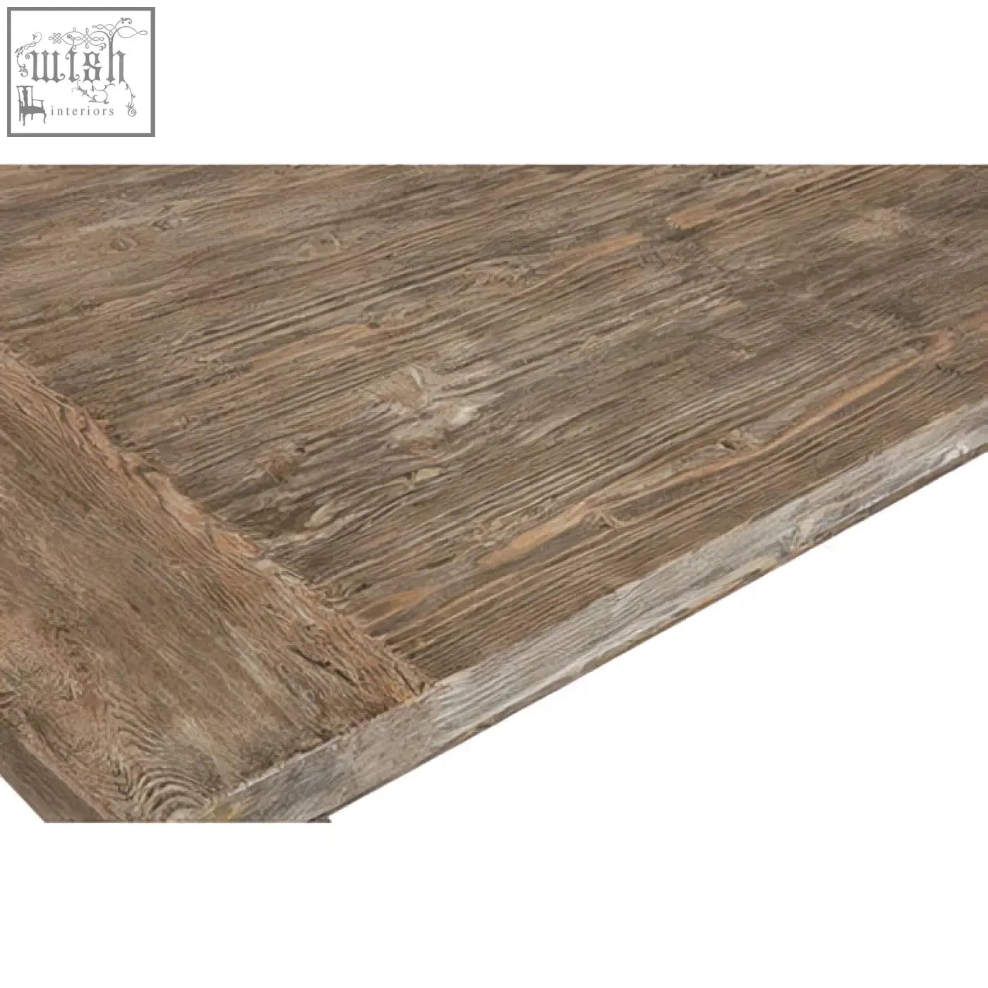 Weathered gray wooden tabletop of lovina recycled pine dining table showing rustic texture and recycled pine wood grain