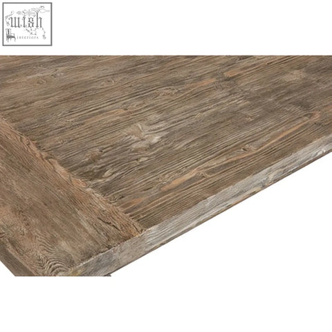 Weathered gray wooden tabletop of lovina recycled pine dining table showing rustic texture and recycled pine wood grain