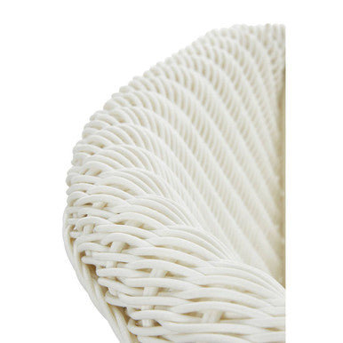 White rattan effect dining chair with a curved fan like woven wicker back for stylish effect dining seating