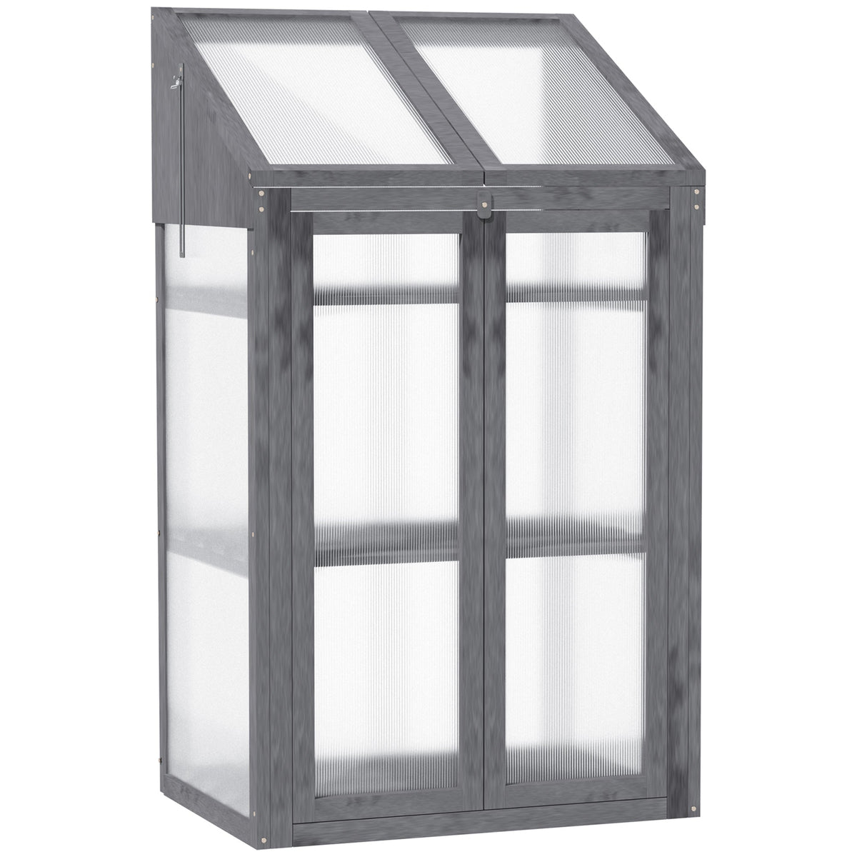 Outsunny Wooden Cold Frame Polycarbonate Greenhouse with Openable Top Cover and Double Door, Grow House for Flower, Vegetable and Plants, 70 x 50 x 120cm, Grey