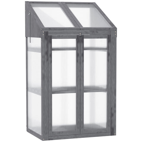 Outsunny Wooden Cold Frame Polycarbonate Greenhouse with Openable Top Cover and Double Door, Grow House for Flower, Vegetable and Plants, 70 x 50 x 120cm, Grey