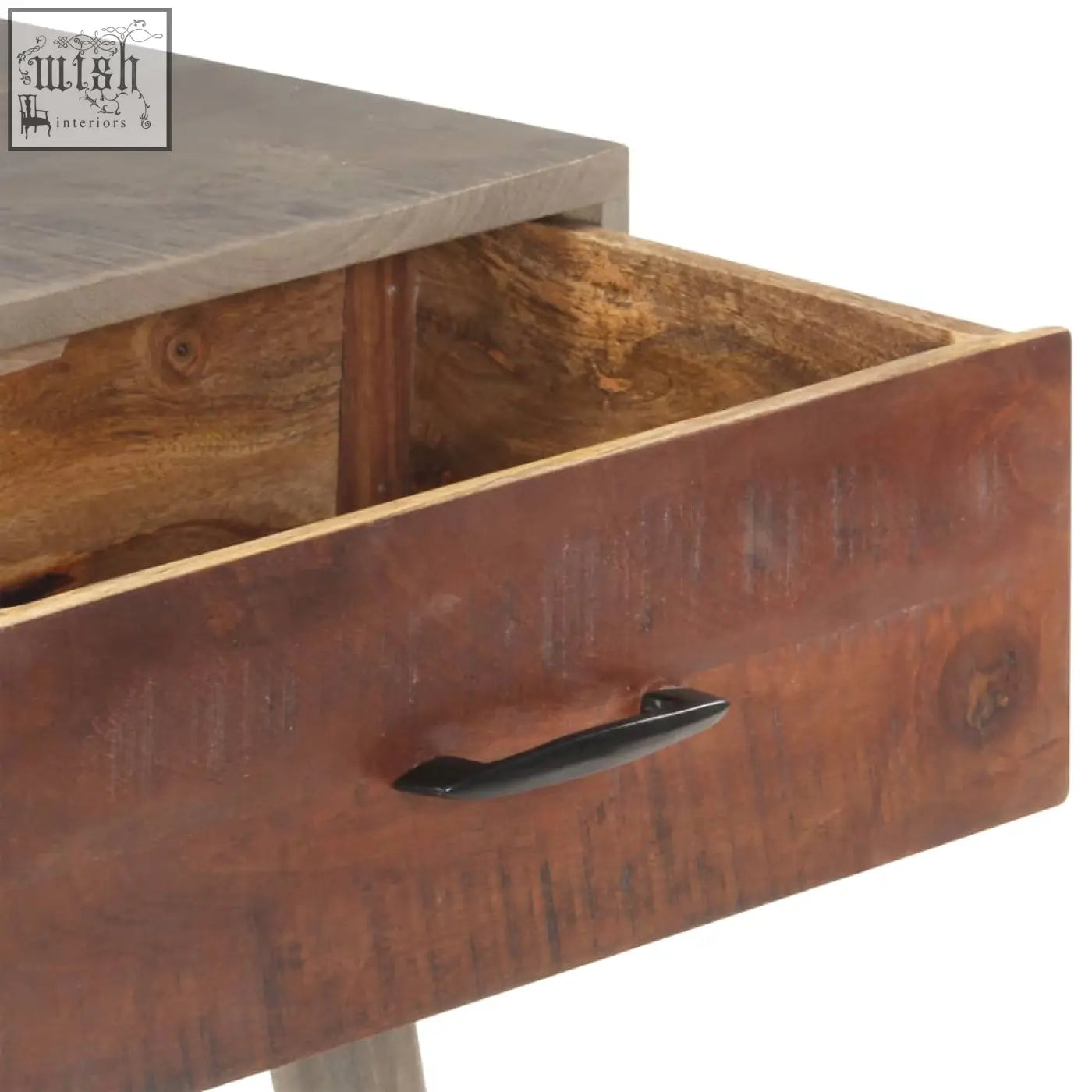 Rustic wood console table drawer with dark brown finish black metal handle showing unique grain patterns