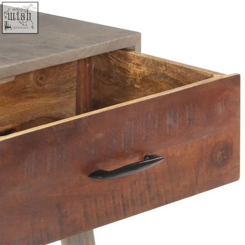 Rustic wood console table drawer with dark brown finish black metal handle showing unique grain patterns