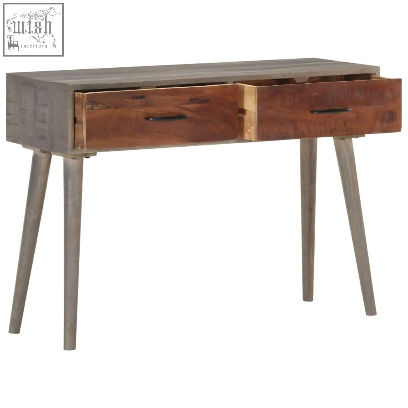 Rustic wood console table with two drawers and unique grain patterns made of rough mango wood in natural finish