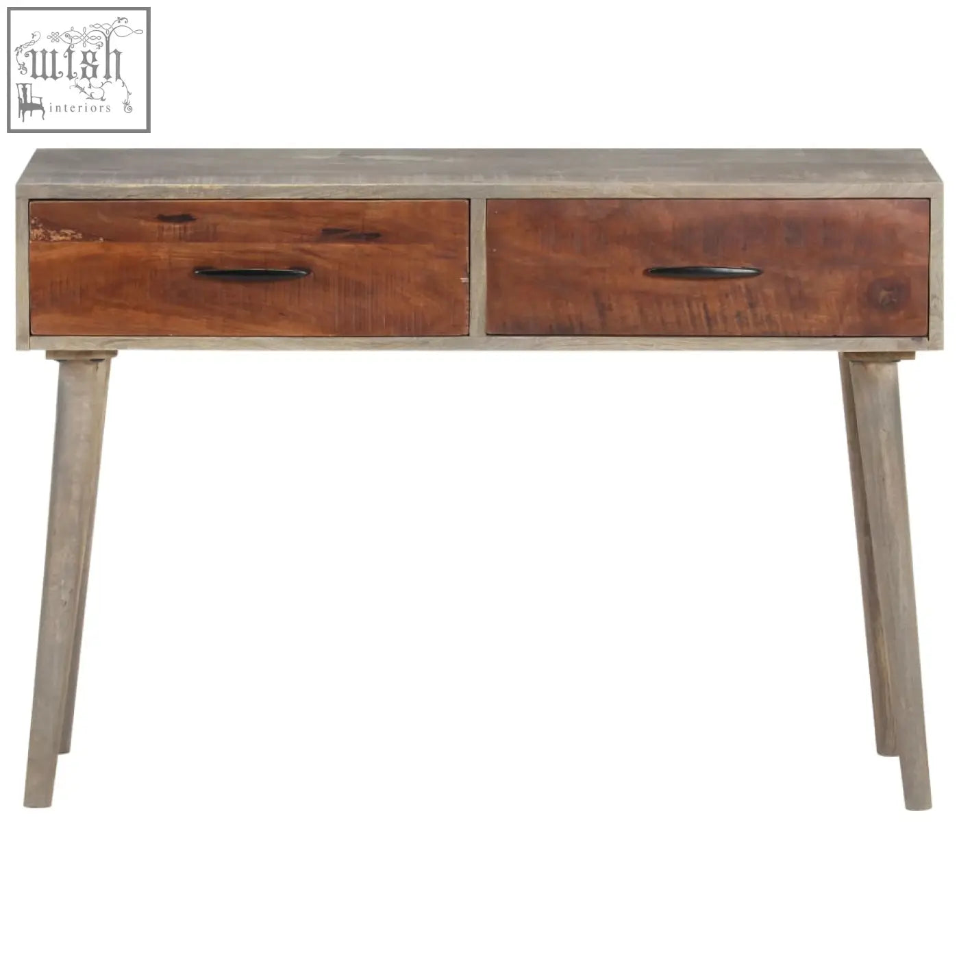 Rustic luan rough mango wood console table 110cm with weathered gray top and rich brown drawers with black handles showcasing unique grain patterns