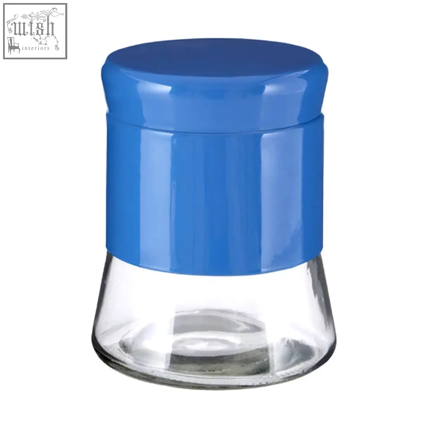 Blue plastic lid with vertical ridges on clear glass spice jar in luca blue steel wrap glass storage jar 800ml
