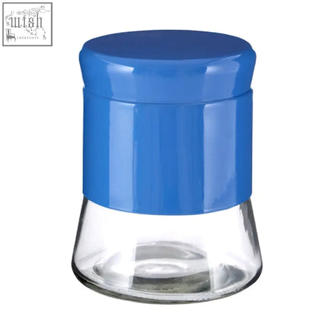Blue plastic lid with vertical ridges on clear glass spice jar in luca blue steel wrap glass storage jar 800ml