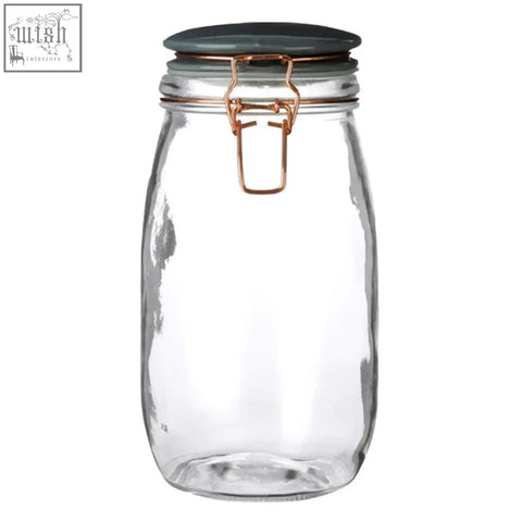 Clear glass jar with dark green lid and rose gold clasp in 1500ml retro pastel style for stylish storage