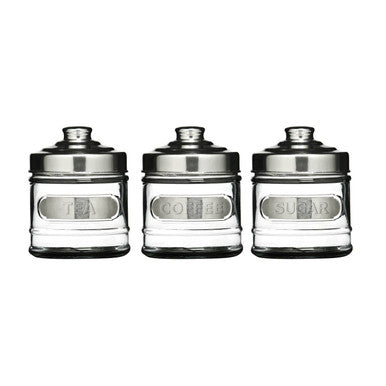 Set of three glass jars with aluminium lids in clear glass for storing tea coffee and sugar by Luca