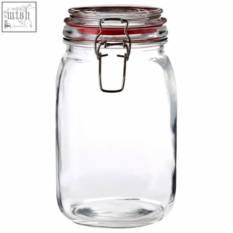 Clear glass luca square 1500ml deli jar with red rubber seal and silver clasp perfect for kitchen storage