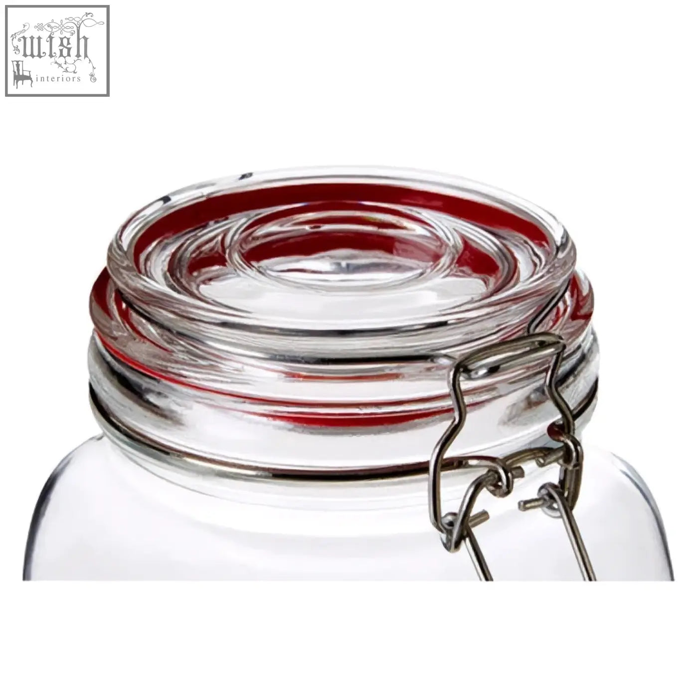 Clear glass luca square 1500ml deli jar with red-rimmed silver metal clasp lid for airtight storage