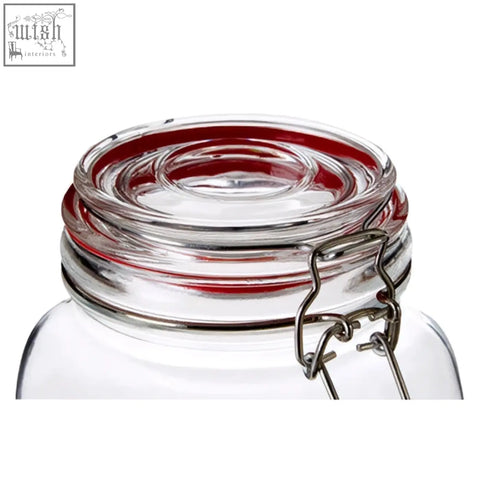 Clear glass luca square 1500ml deli jar with red-rimmed silver metal clasp lid for airtight storage