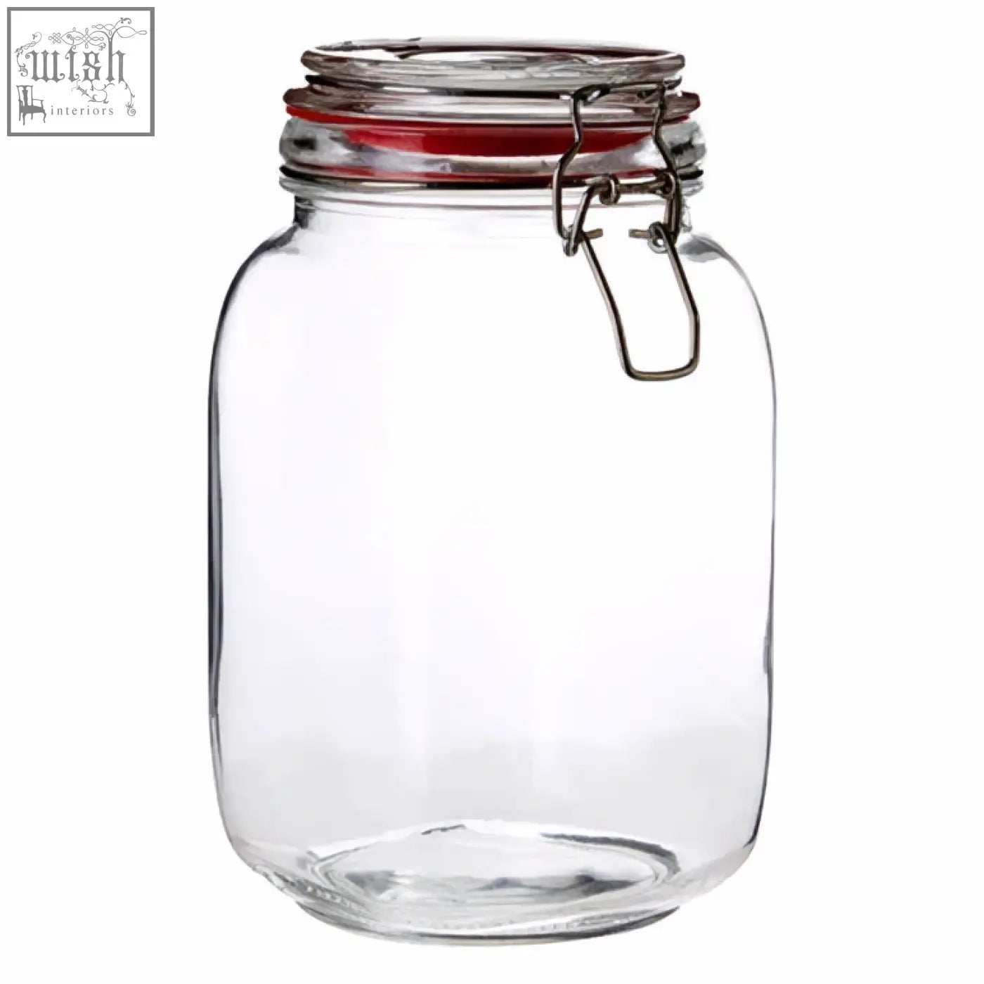 Clear glass luca square 1500ml deli jar with red rubber seal and metal clasp lid for airtight storage