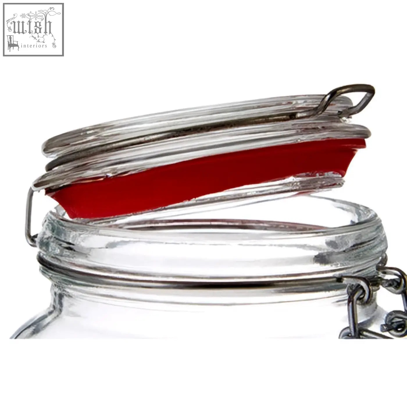 Clear glass luca square 1500ml deli jar with silver metal clasp and vibrant red rubber seal perfect for storage