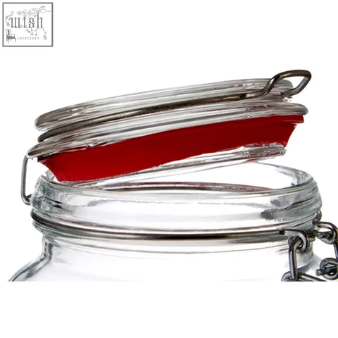 Clear glass luca square 1500ml deli jar with silver metal clasp and vibrant red rubber seal perfect for storage