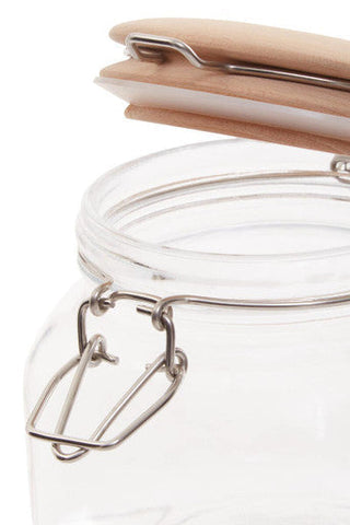 Clear luca square 500ml glass jar with wooden lid and metal clasp perfect for kitchen storage and organization