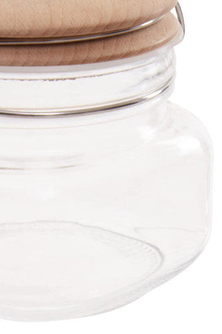 Clear glass luca square 500ml jar with light brown wooden lid and silver metal rim perfect for storage
