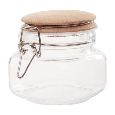 Clear glass luca square 500ml jar with wooden lid and metal clasp for stylish kitchen storage