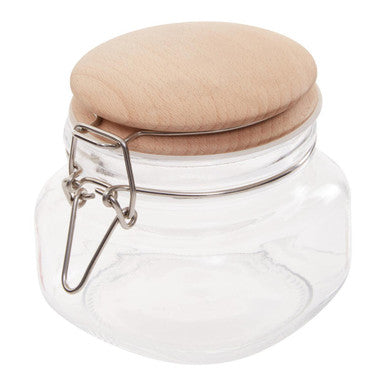 Clear luca square 500ml glass jar with wooden lid light wood top and silver metal clasp for storage use