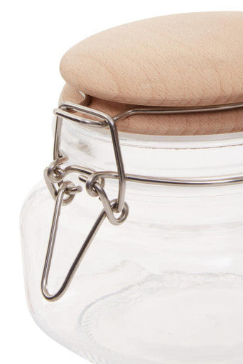 Clear glass luca square 500ml jar with a wooden lid and silver metal clasp for airtight storage