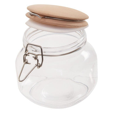 Clear glass luca square 800ml jar with light brown wooden lid and silver metal clasp perfect for storage