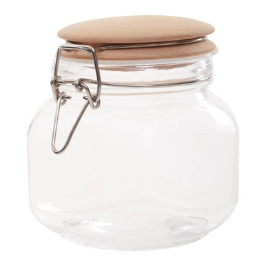 Clear glass luca square 800ml jar with light brown wooden lid and silver metal clasp perfect for storage