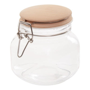 Clear luca square 800ml glass jar with light brown wooden lid and silver metal clasp for airtight storage