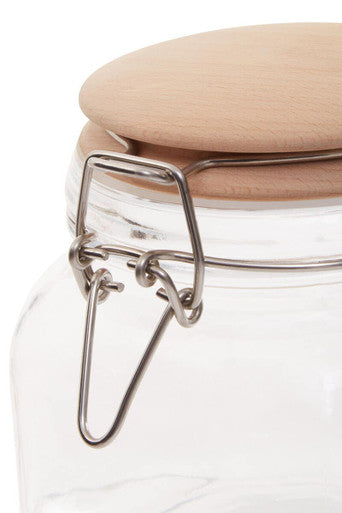 Clear luca square 800ml glass jar with light wood lid and silver metal clasp for kitchen storage