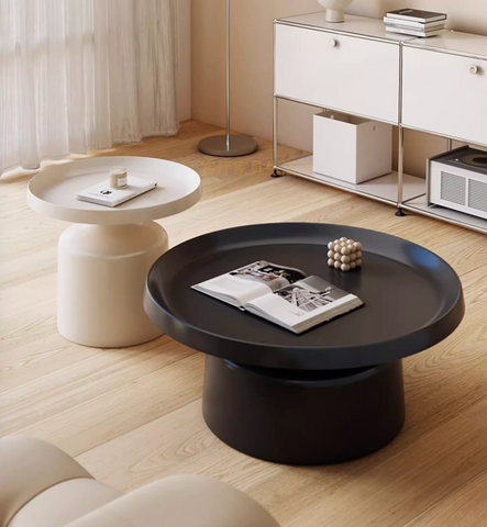 Black round lucas coffee table with sleek minimalist design and smooth matte finish in white and black coffee table set