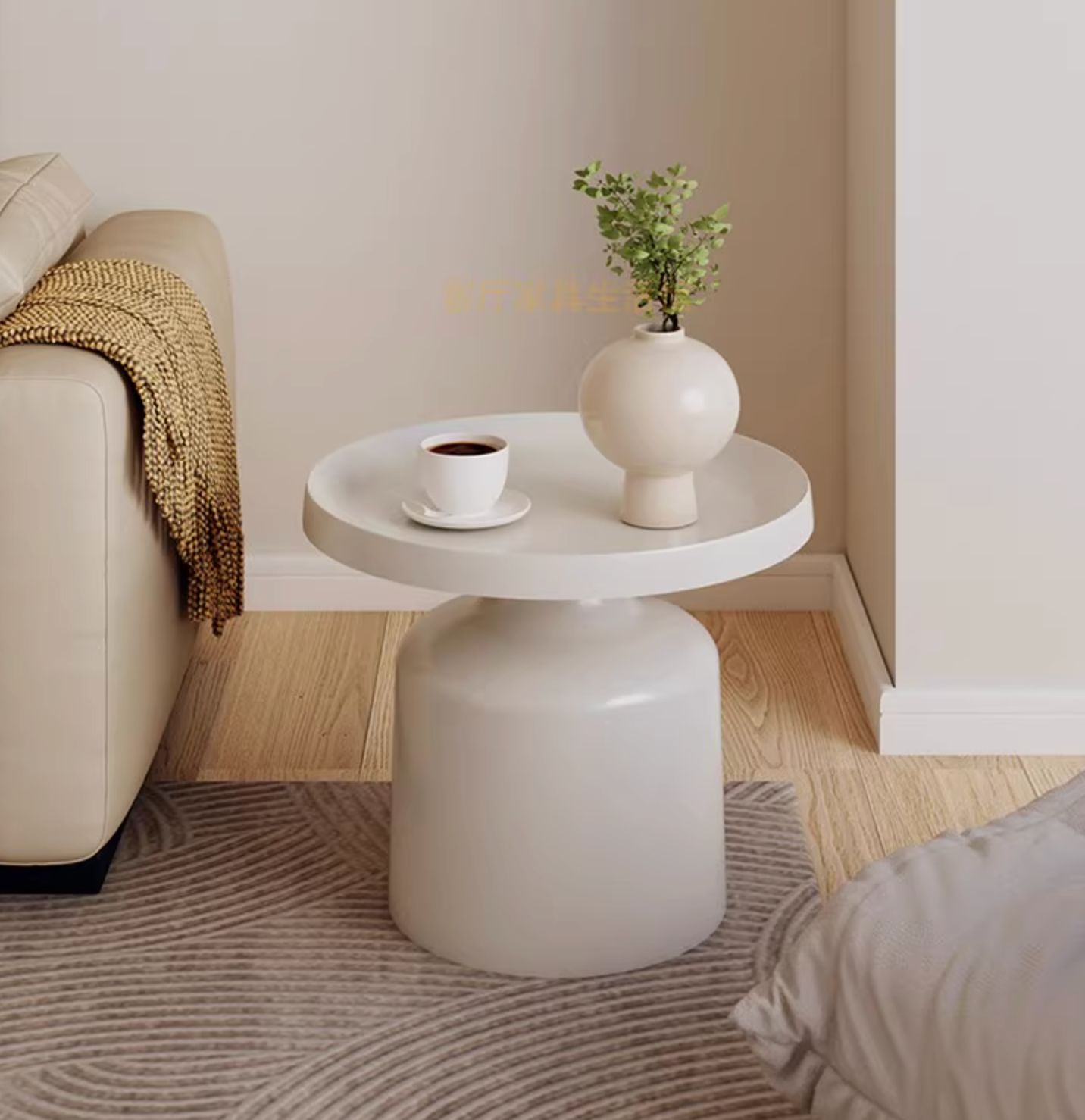 A sleek white lucas coffee table set side table with a glossy finish and rounded cylindrical base