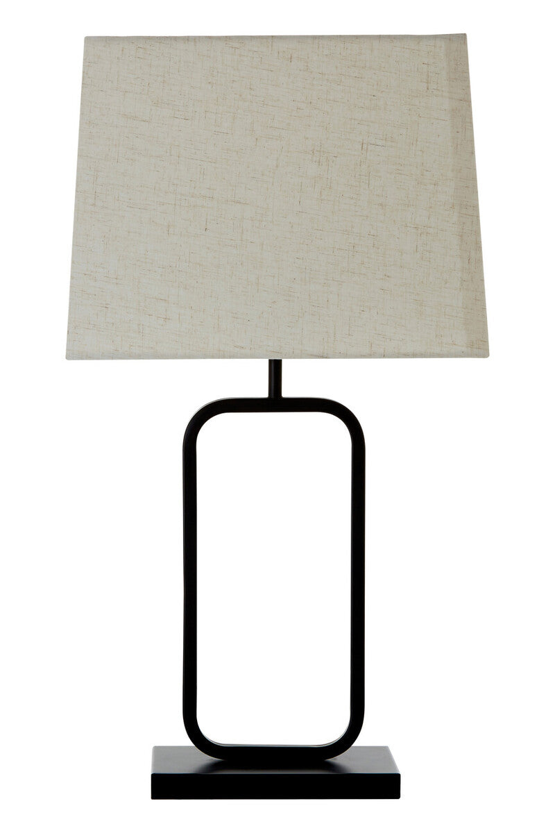 Black metal table lamp with rectangular minimalist frame and beige linen shade lucas natural and black table lamp
