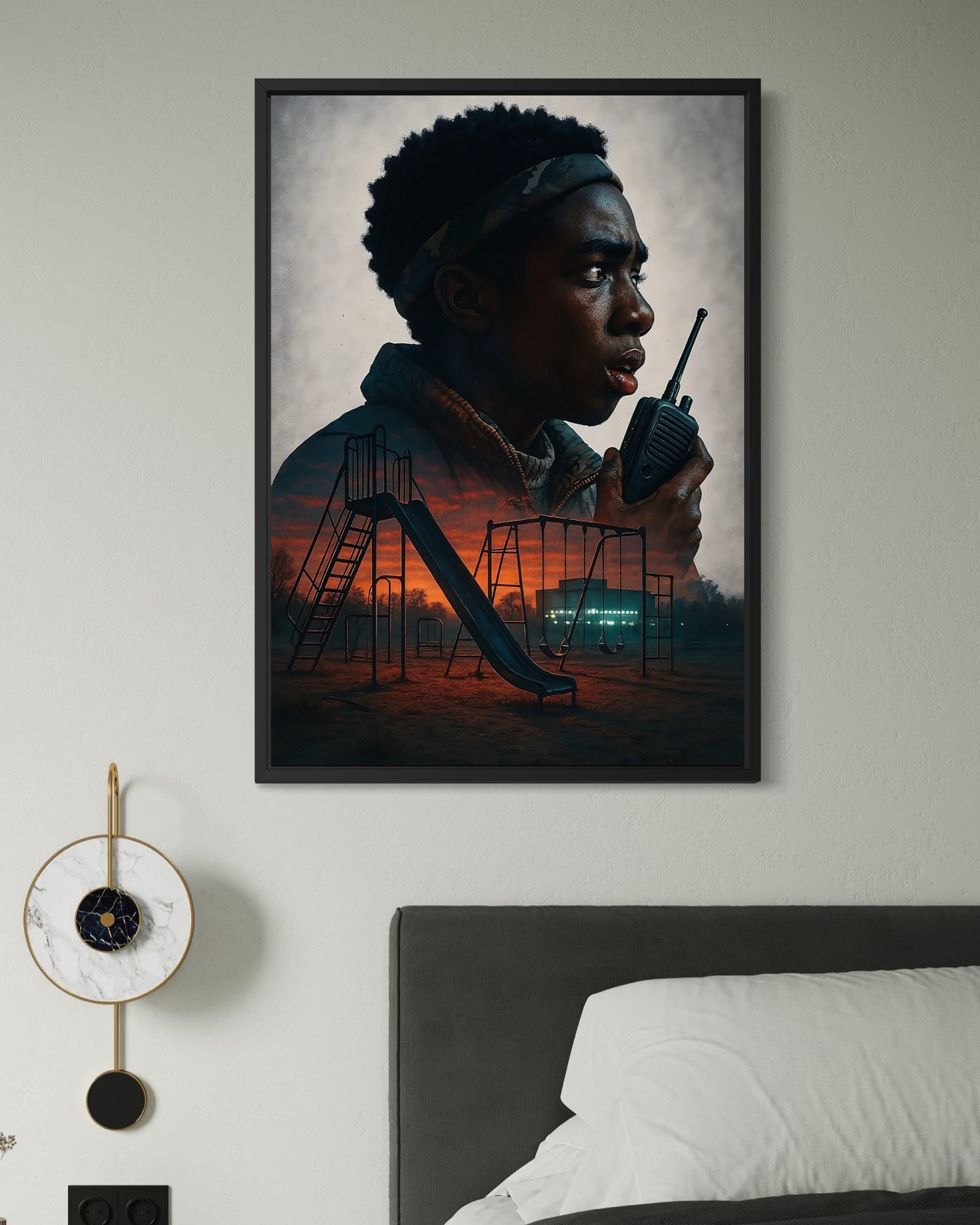 Black-framed stranger things poster of a young person holding a walkie-talkie at a spooky playground at dusk