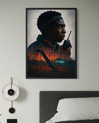 Black-framed stranger things poster of a young person holding a walkie-talkie at a spooky playground at dusk