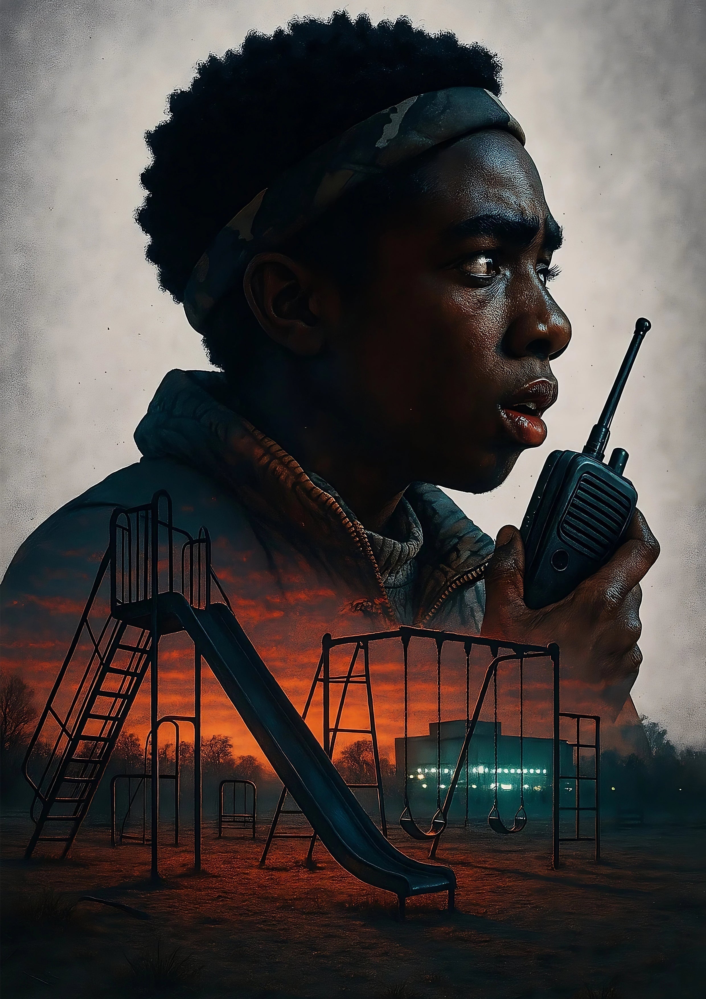 Black handheld two-way radio with textured grip and antenna featured in lucas stranger things poster design