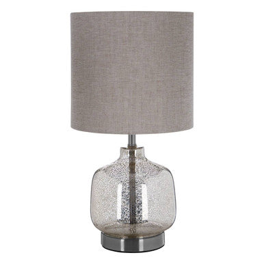 Lucia table lamp with a sleek mercury glass base and textured gray fabric shade, perfect modern table lamp