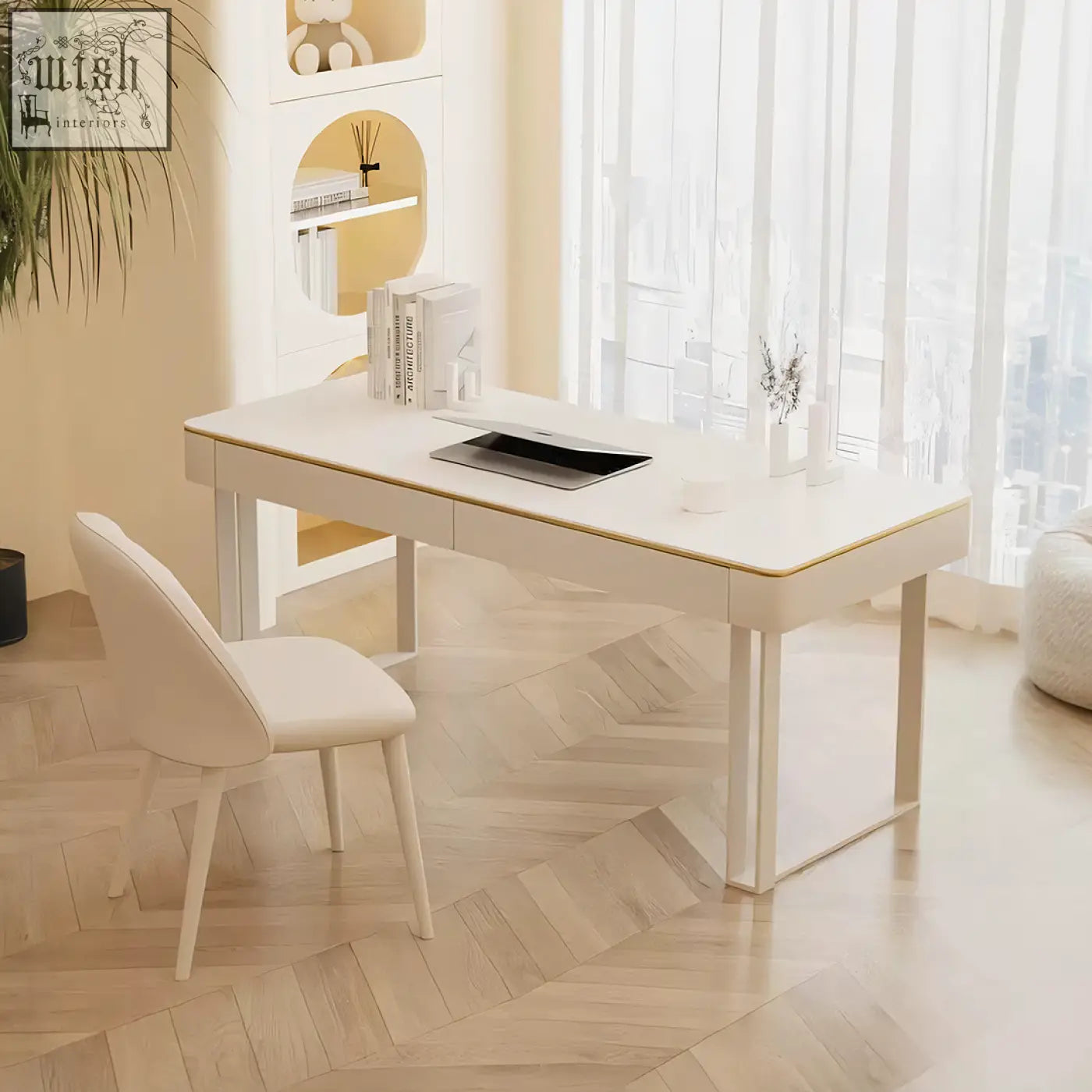 Modern white lucien office desk with gold-trimmed edges and a sleek minimalist design perfect for any office space