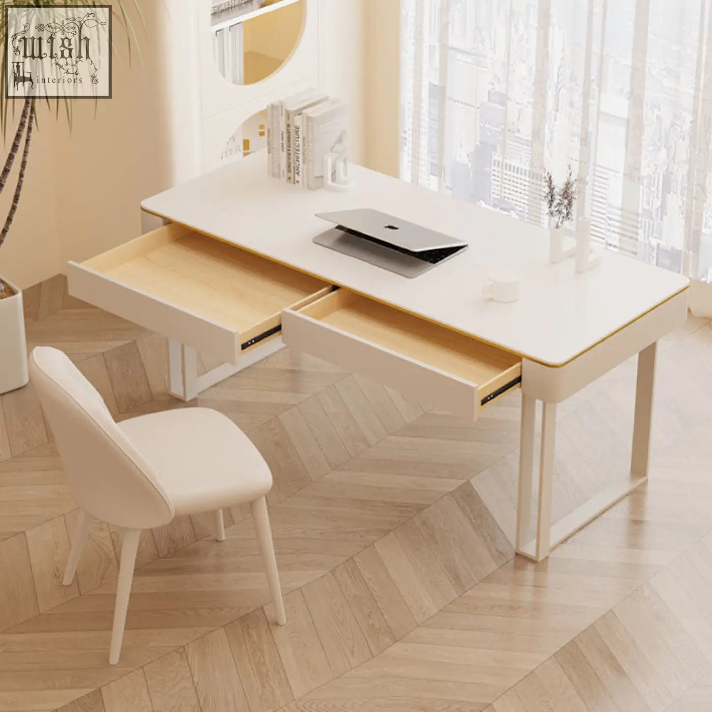 Modern white lucien office desk with light wood drawers and sleek metal legs for stylish workspace setup