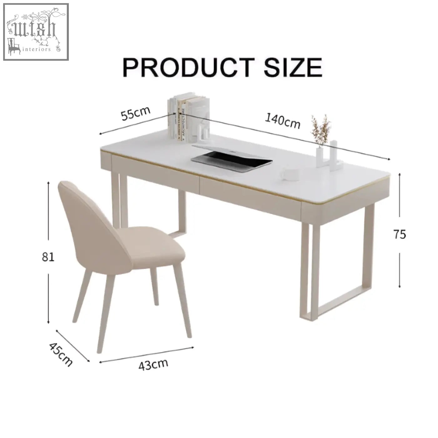 Modern white lucien office desk with sleek metal legs and matching beige upholstered chair for stylish workspace