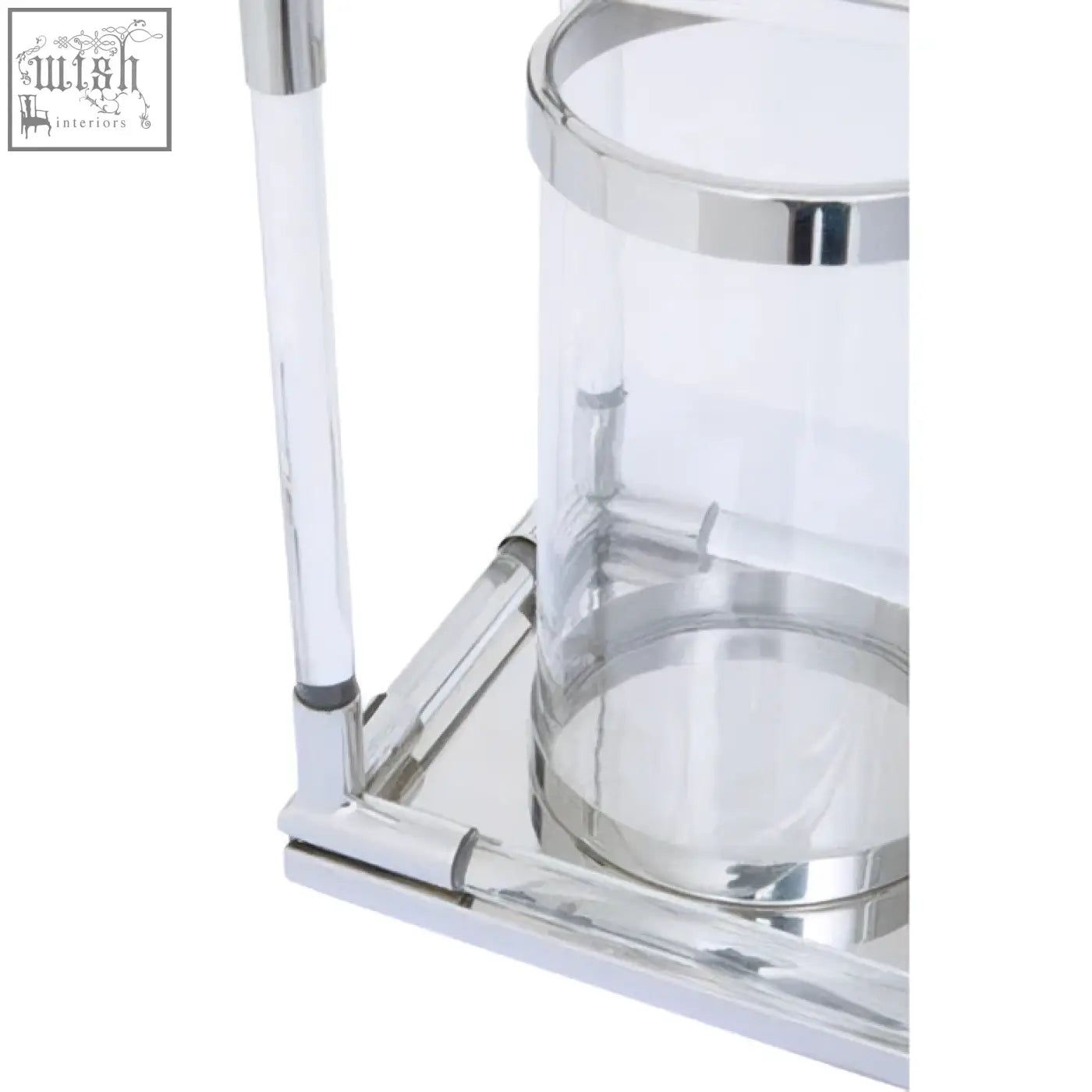 Chrome-finished lucita double silver steel cylindrical candle holder with sleek modern design and acrylic accents