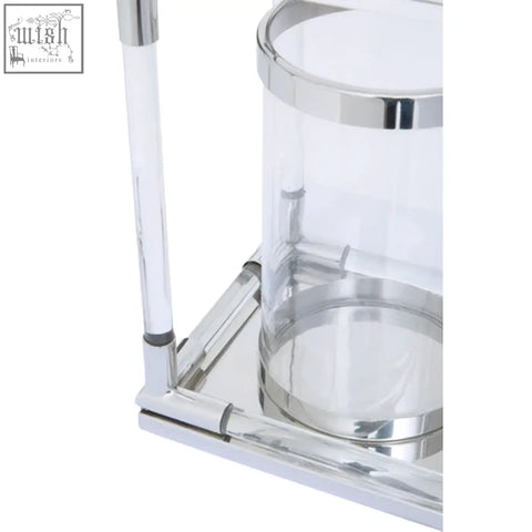 Chrome-finished lucita double silver steel cylindrical candle holder with sleek modern design and acrylic accents