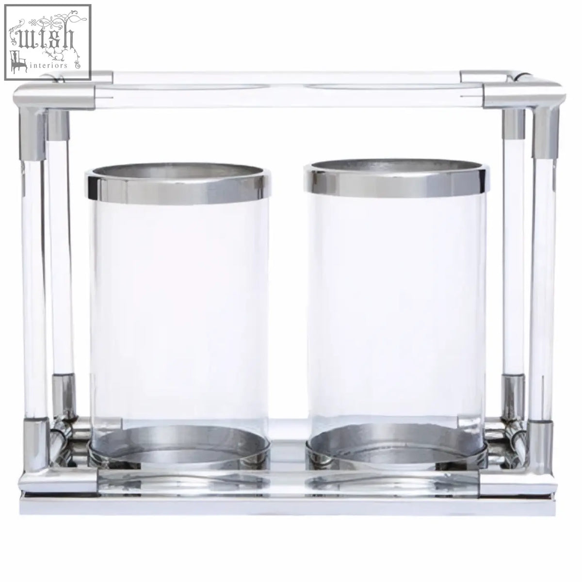 Clear acrylic lucita double silver steel candle holder with two polished chrome rimmed cylindrical containers