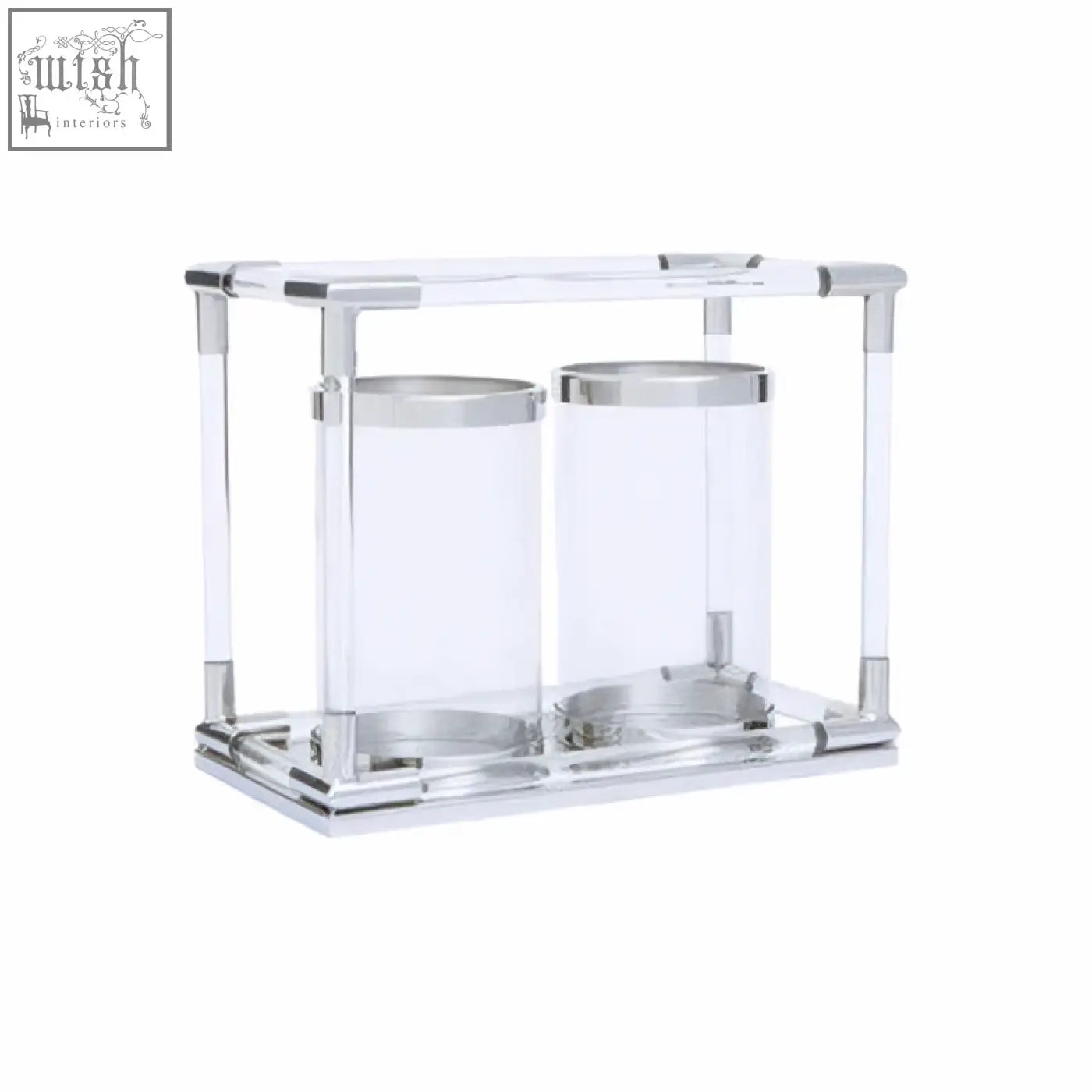Clear acrylic lucita double silver steel candle holder with silver-toned metal accents and rectangular frame