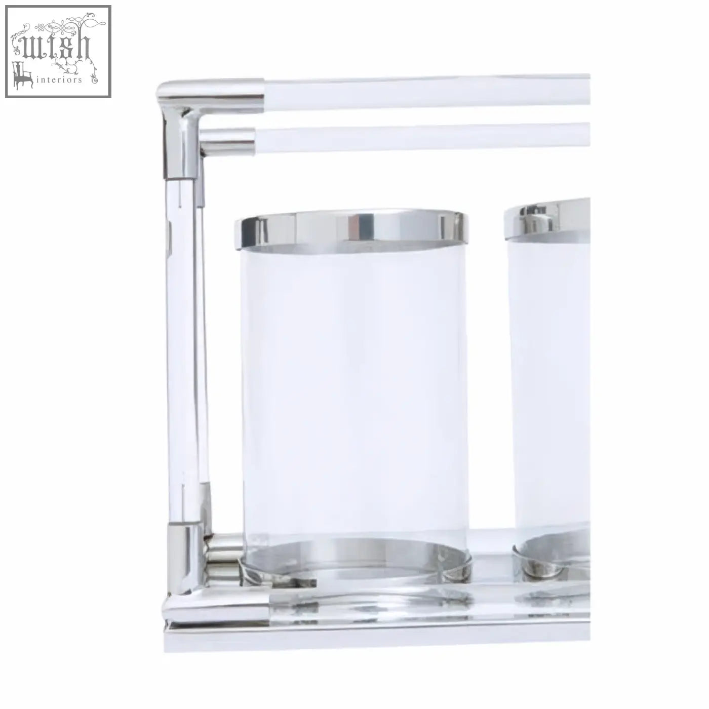 Lucita double silver steel candle holder with chrome-finished acrylic and polished metal accents in sleek modern design